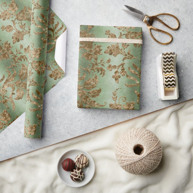 Green & Gold Velvet Damask Holiday Geschenkpapier (Kunsthandwerk)