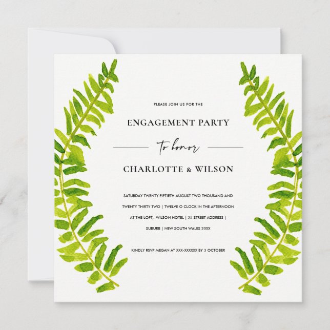 GREEN GOLD WATERCOLOR FERN FOLIAGE VERLOBUNG EINLADUNG (Vorderseite)