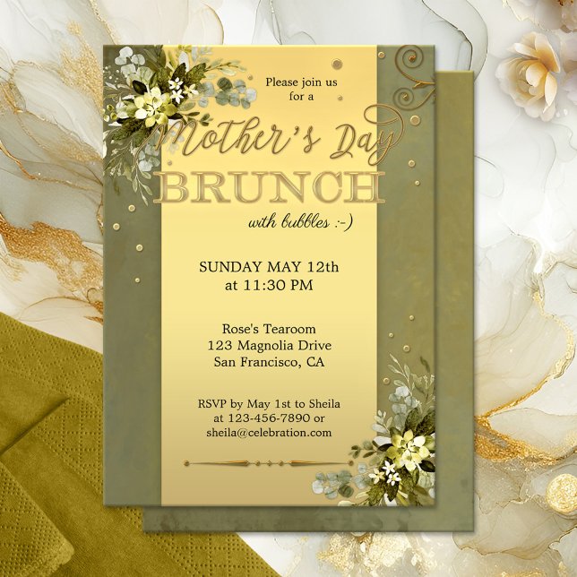 Green Gold Watercolor Mütter Day Brunch Einladung (Elegant Mother's Day Brunch invitation featuring a gold stylized design with watercolor leaves)