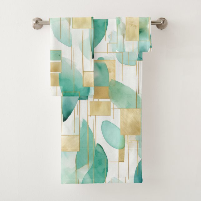 Green Gold White Abstrakt Badhandtuch Set (Insitu)