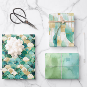 Green Gold White Abstrakt Geschenkpapier Set