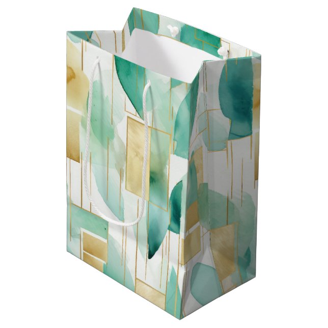 Green Gold White Abstrakt Mittlere Geschenktüte (Vorderseite Schrägansicht)