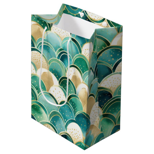 Green Gold White Abstrakt Mittlere Geschenktüte (Vorderseite Schrägansicht)