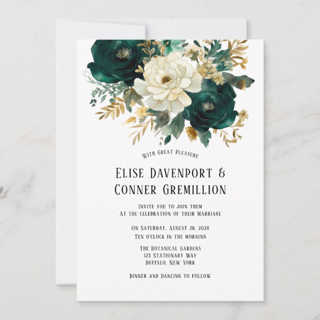 Green Gold White Botanical Floral Wedding Einladung (Vorderseite)