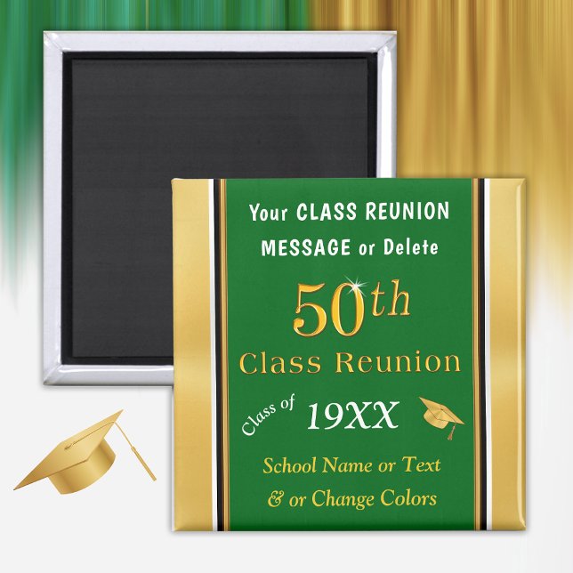 Green, Gold, White Cheap 50. Klasse Wiedersehen Ge Magnet (Green, Gold, White, 50th Class Reunion Party Favors. Personalized, 50 year class reunion souvenirs.)