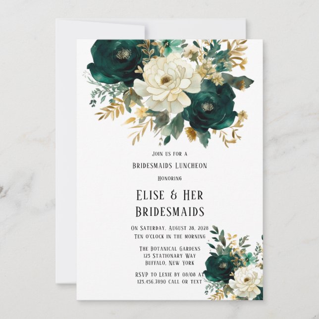 Green Gold White Floral Bridesmaids Luncheon Einladung (Vorderseite)