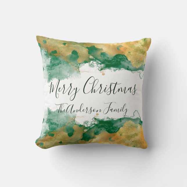 Green Gold White Monogram Frohe Weihnachten Kissen (Vorderseite)