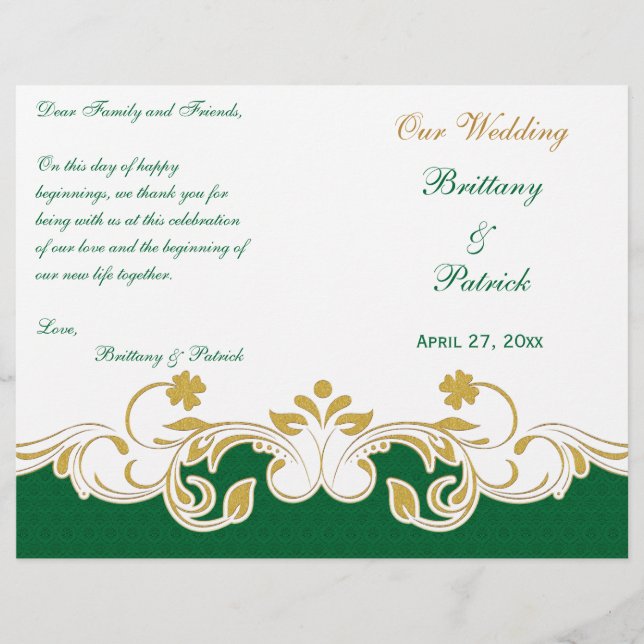 Green Gold White Scrolled Wedding Programme COVER (Devant)