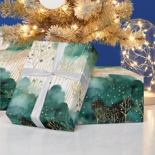 Green Gold White Trees Weihnachten Geschenkpapier (Feiertage)