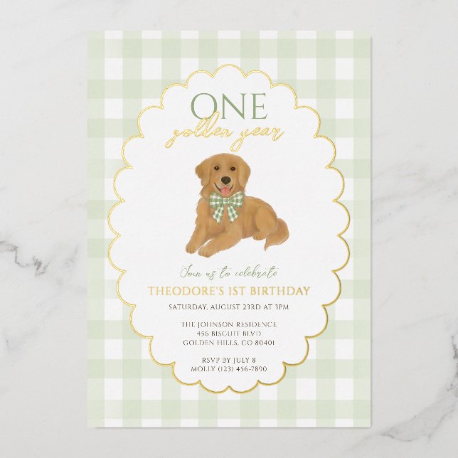 Green Golden Retriever Dog Pawty 1. Geburtstag Folieneinladung (Vorderseite)