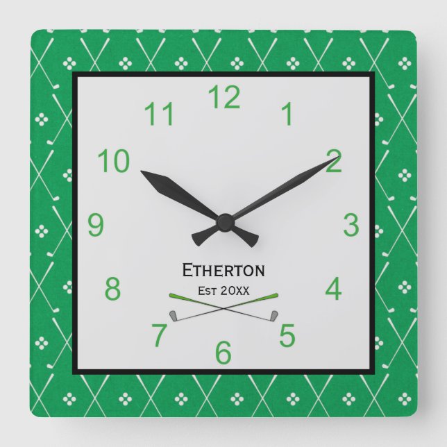 Green Golf Club Print Square Quadratische Wanduhr (Vorderseite)