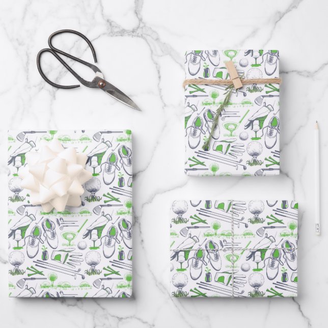 Green Golf Icons Muster Geschenkpapier Set (Vorderseite)