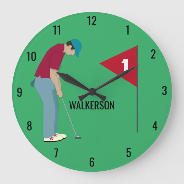 Green Golfer Putting Ball  Große Wanduhr (Vorderseite)