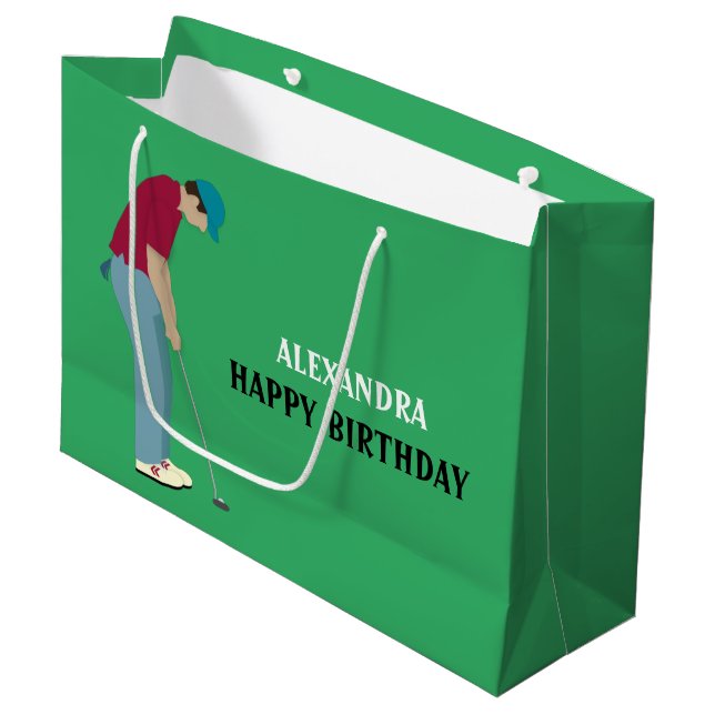 Green Golfer Themed Große Geschenktüte (Vorderseite Schrägansicht)