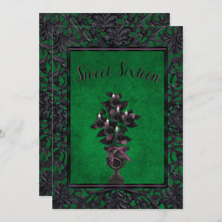 Green Gothic Frame Black Rose & Candles Sweet 16 Einladung