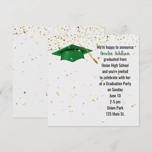 Green Graduation Cap mit Gold Confetti Einladung (Vorne/Hinten)