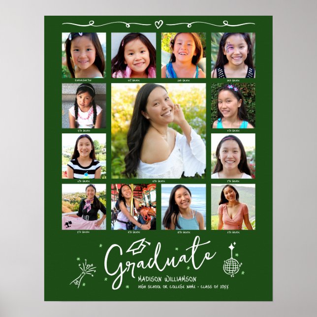 Green Graduation K–12 Photo Collage White Doodles Poster (Vorne)