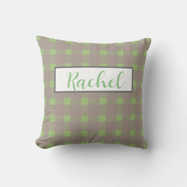 Green Gray Gingham Personalisiert Kissen (Vorderseite)