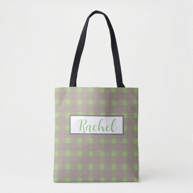 Green Gray Gingham Personalisiert Tasche (Vorderseite)