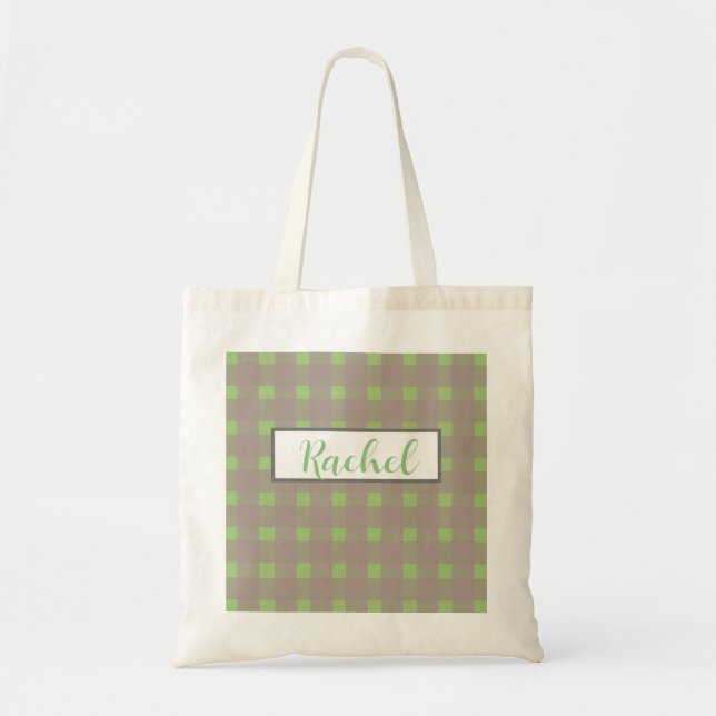 Green Gray Gingham Personalisiert Tragetasche (Vorne)