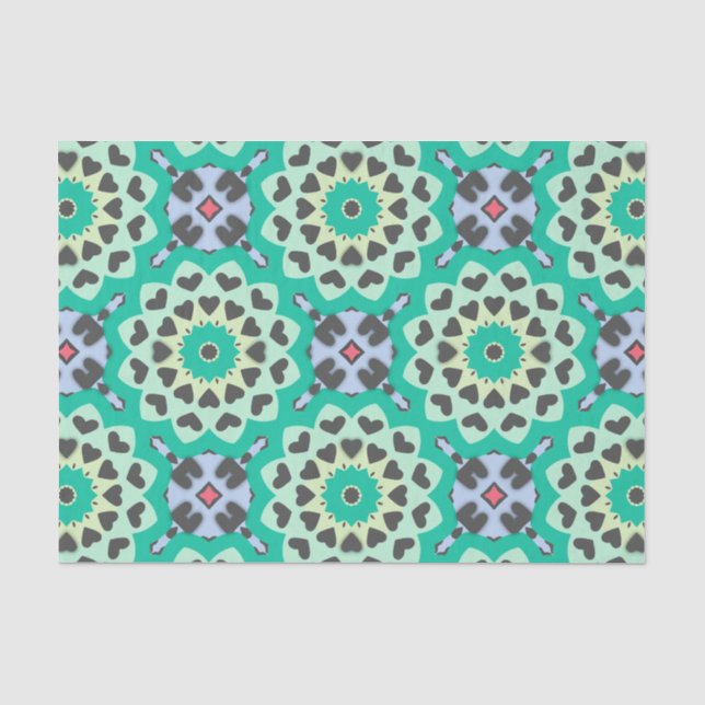 Green & Gray Hearts Ethnic Boho Geometric Muster Seidenpapier (Vorderseite)