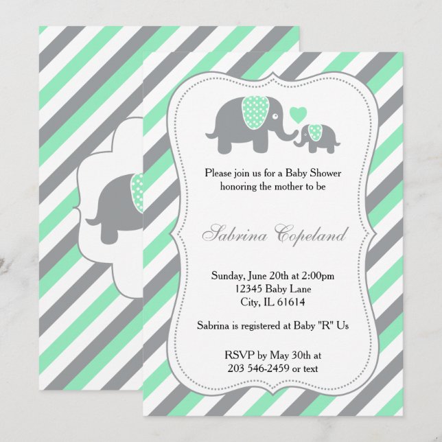 Green & Gray Stripes Baby Elephant | Babydusche Einladung (Vorne/Hinten)