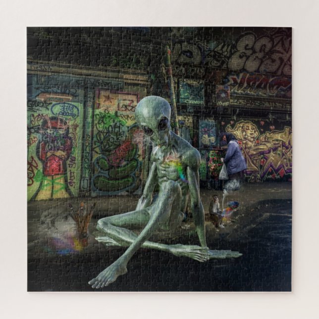 GREEN GREY ALIEN SITTING ON PAPER WITH GRAFFITI (Vertikal)