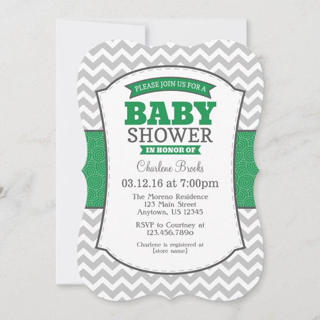 Green Grey Chevron Baby shower Invitation (Devant)