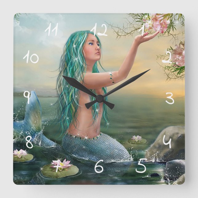 green haired mermaid quadratische wanduhr (Vorderseite)