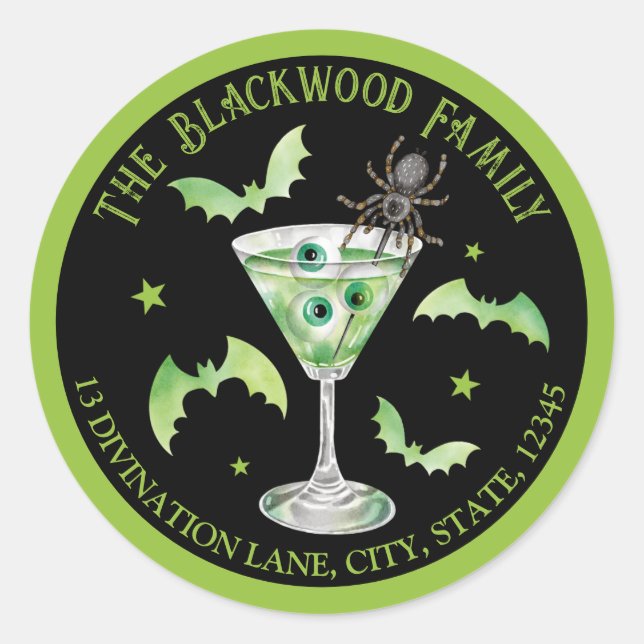 Green Halloween Eyeball Martini-Rücksendeadresse Runder Aufkleber (Vorderseite)