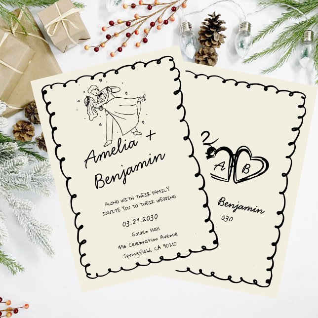 green hand drawn couple Whimsical Wedding  Einladung (Von Creator hochgeladen)