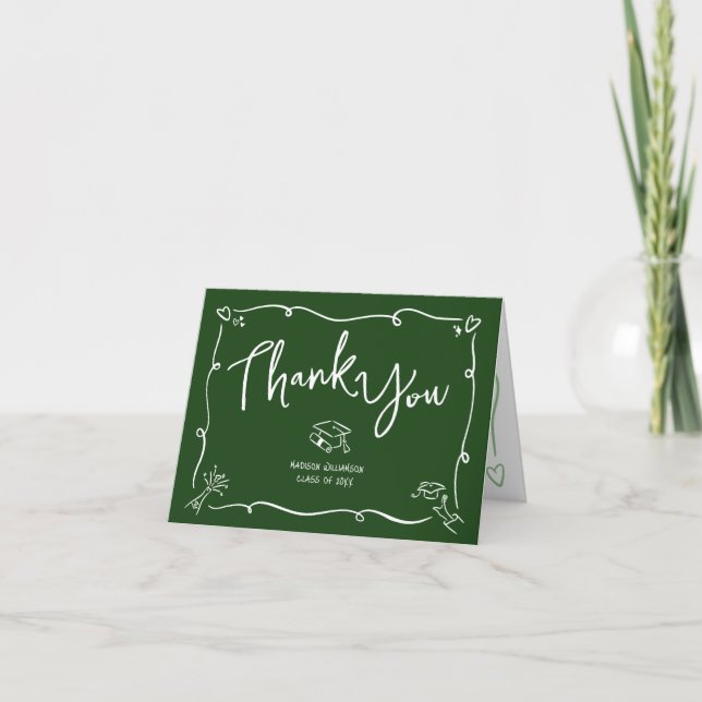 Green Hand Drawn Doodle Style Graduation Quirky Dankeskarte (Vorderseite)