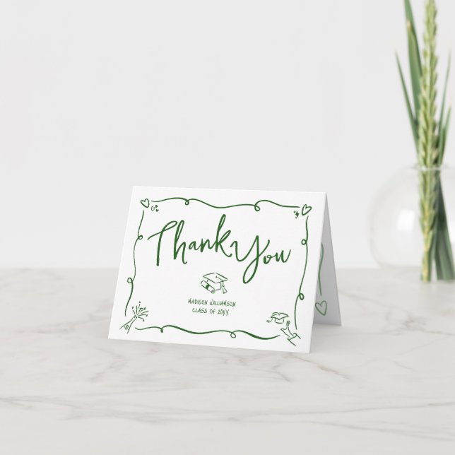 Green Hand Drawn Doodle Style Graduation White Fun Dankeskarte (Vorderseite)