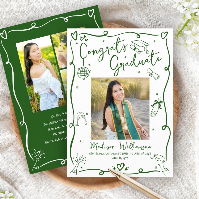 Green Hand Drawn Doodles Graduation 4 Photo White Ankündigung (Von Creator hochgeladen)