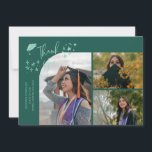 Green Hand Written Thank You Multi Photo Ankündigung<br><div class="desc">Modern and whimsical graduation announcement photo card featuring 3 photos on the front and 1 on the back. The text says "Thank You" with twinkling stars. Add the graduate's name,  information,  and message to personalize this card. Green.</div>