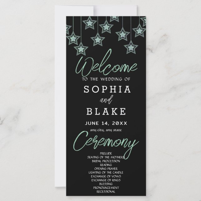 Green Hanging Stars Black Wedding Program (Vorderseite)