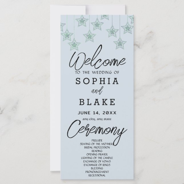 Green Hanging Stars Light Blue Wedding Program (Vorderseite)