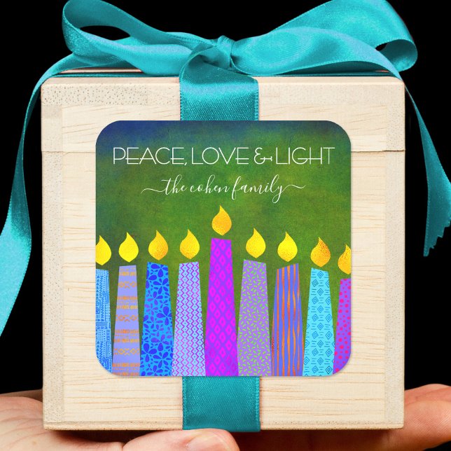 Green Hanukkah Blue Boho Candles Peace Liebe Light Quadratischer Aufkleber (Von Creator hochgeladen)