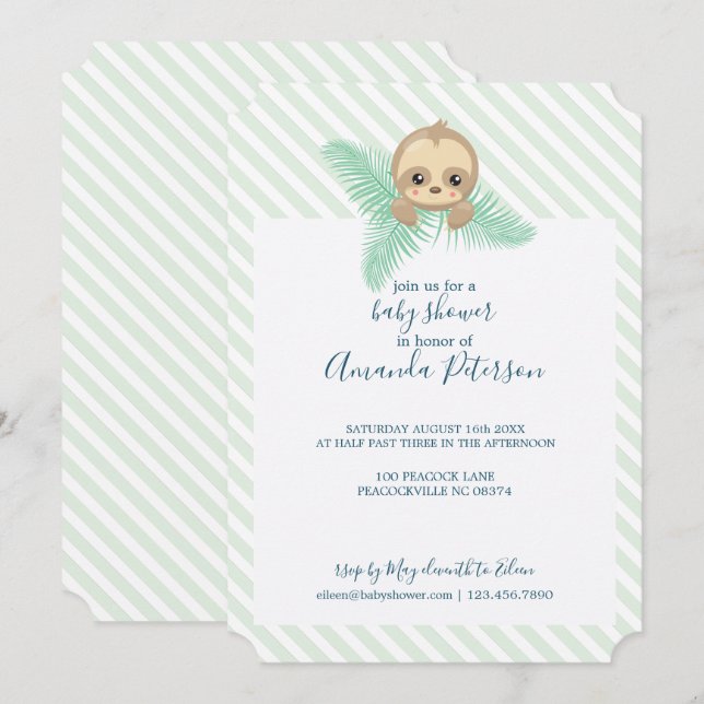 Green Happy Baby Sloth Babydusche Einladung (Vorne/Hinten)