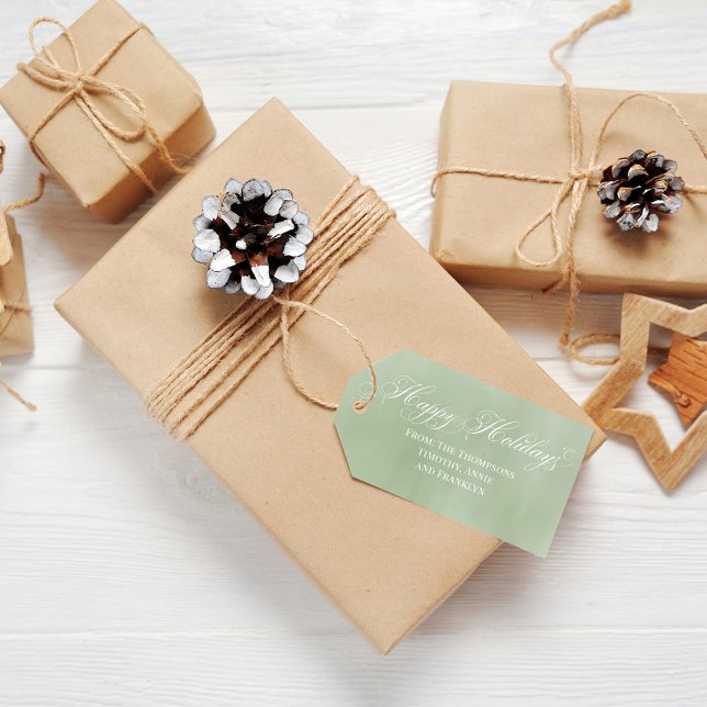 Green Happy Holidays Kalligraphieskript Geschenkanhänger (Happy Holidays light green watercolor gift tag. )