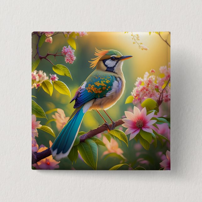 Green Headed Aquamarin Winged Fantasy Bird Button (Vorderseite)