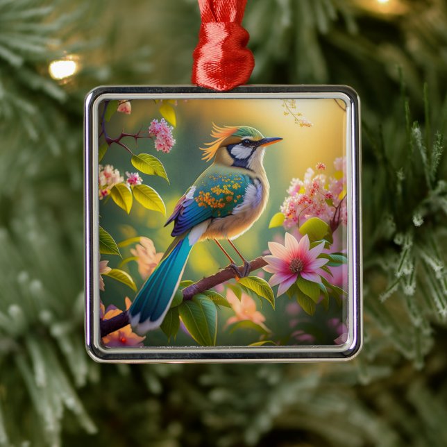 Green Headed Aquamarin Winged Fantasy Bird Ornament Aus Metall (Baum)