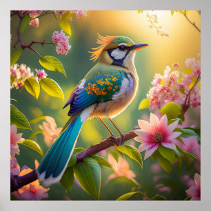 Green Headed Aquamarin Winged Fantasy Bird Poster