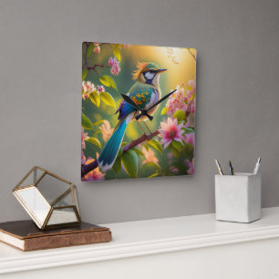 Green Headed Aquamarin Winged Fantasy Bird Quadratische Wanduhr