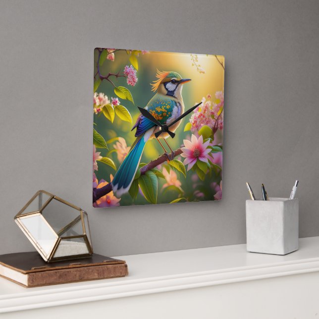 Green Headed Aquamarin Winged Fantasy Bird Quadratische Wanduhr (Büro)