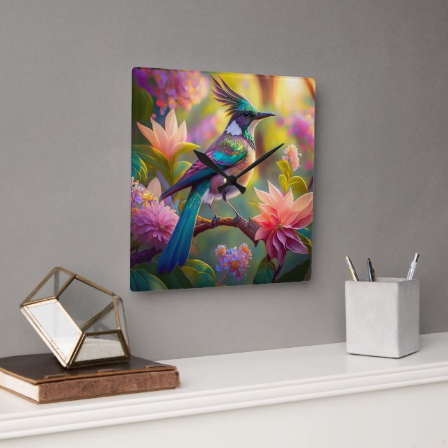 Green Headed Jay Fantasy Bird Quadratische Wanduhr (Büro)