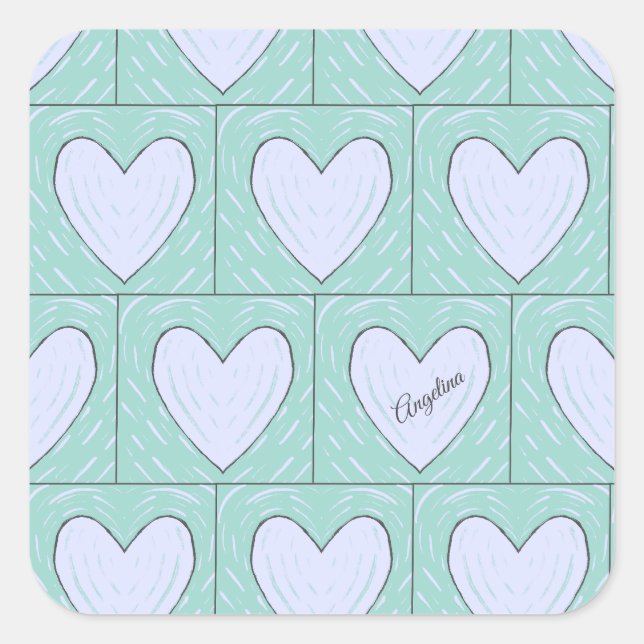 Green Heart Applique Quilt Muster Quadratischer Aufkleber (Vorderseite)