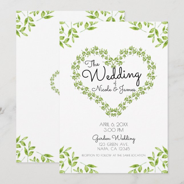 Green Heart Blätter Shabby Chic Greenerity Wedding Einladung (Vorne/Hinten)