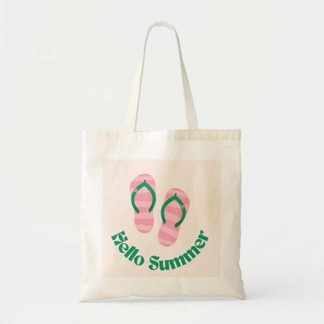 Green Hello Summer Pink Flip Flops Slippers Beach Tragetasche (Vorne)
