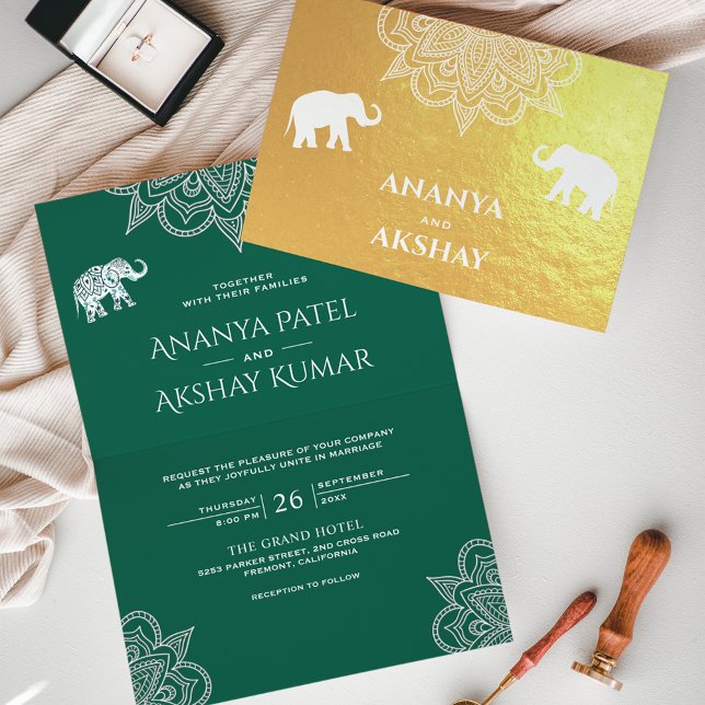 Green Henna Elephant Indian Wedding Gold Folienkarte (Von Creator hochgeladen)